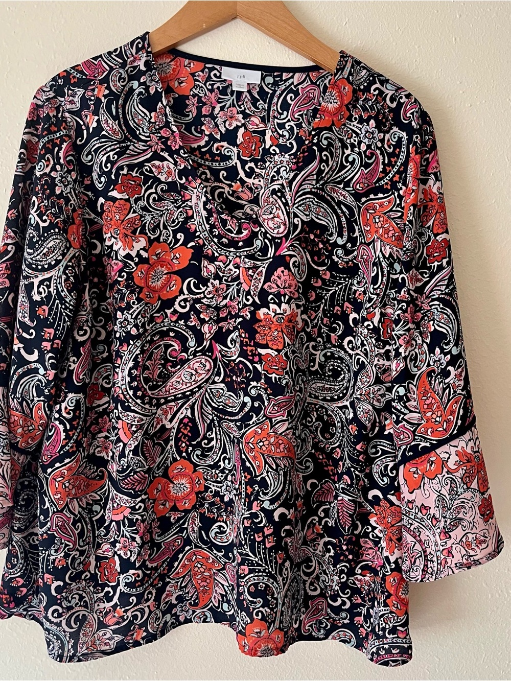 J Jill Floral Paisley V-Neck Blouse in Navy & Coral